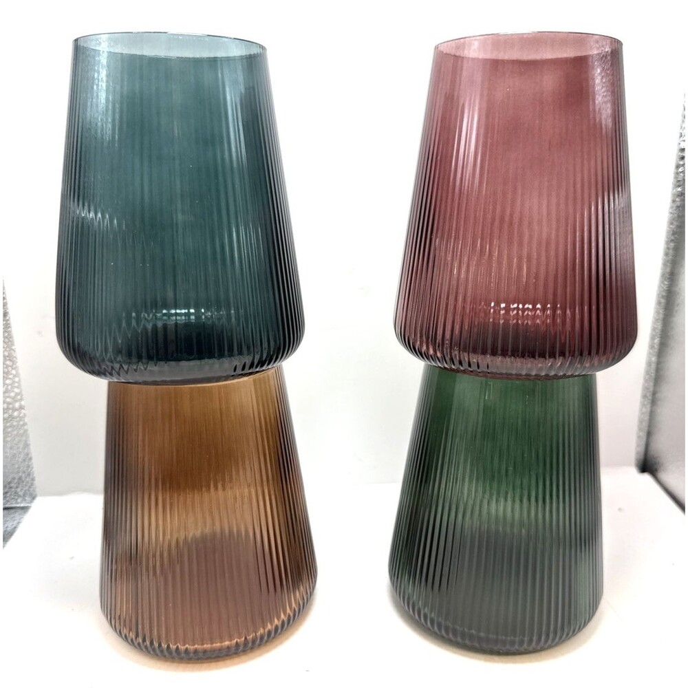 Khen Ribbed Stemless Wine Glasses Set of 4 Tonal Muted Earth Colors 16.9oz